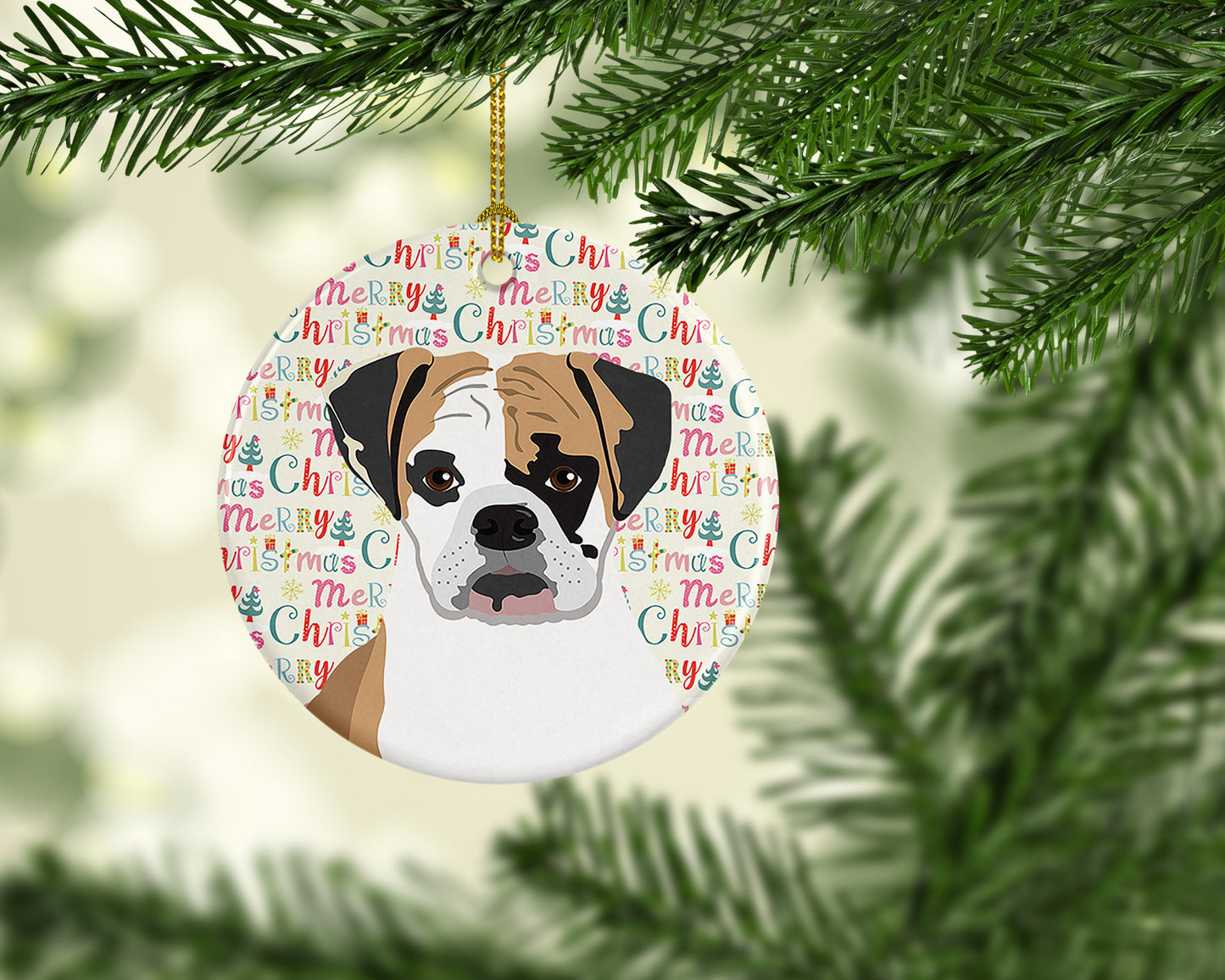 English Bulldog Tricolor #2 Christmas Ceramic Ornament