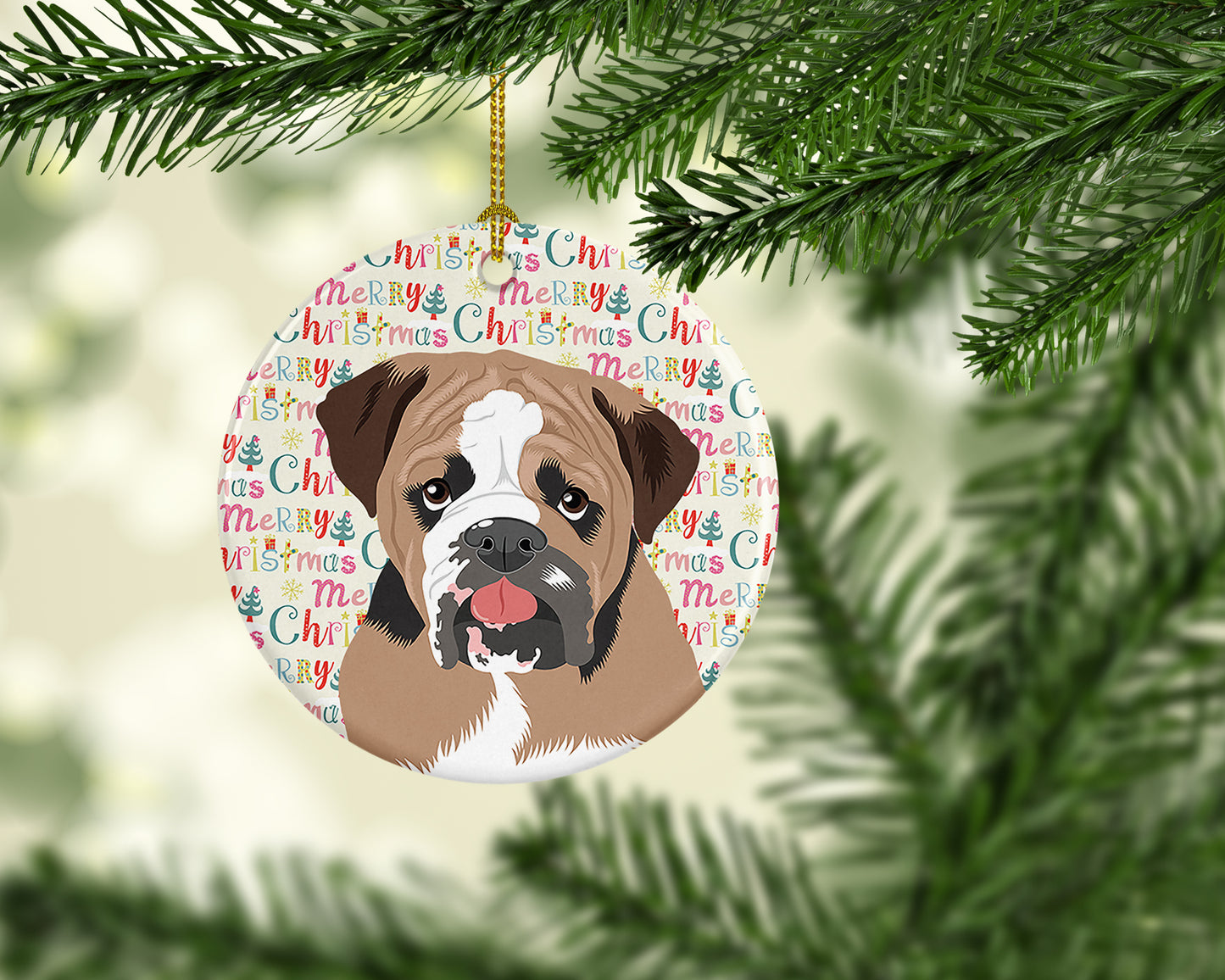 English Bulldog Tricolor #4 Christmas Ceramic Ornament