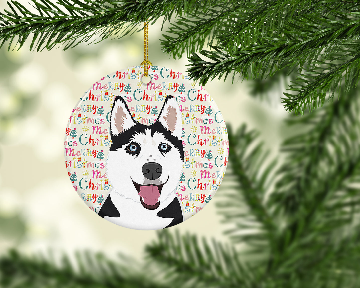 Siberian Husky Black and White #2 Christmas Ceramic Ornament