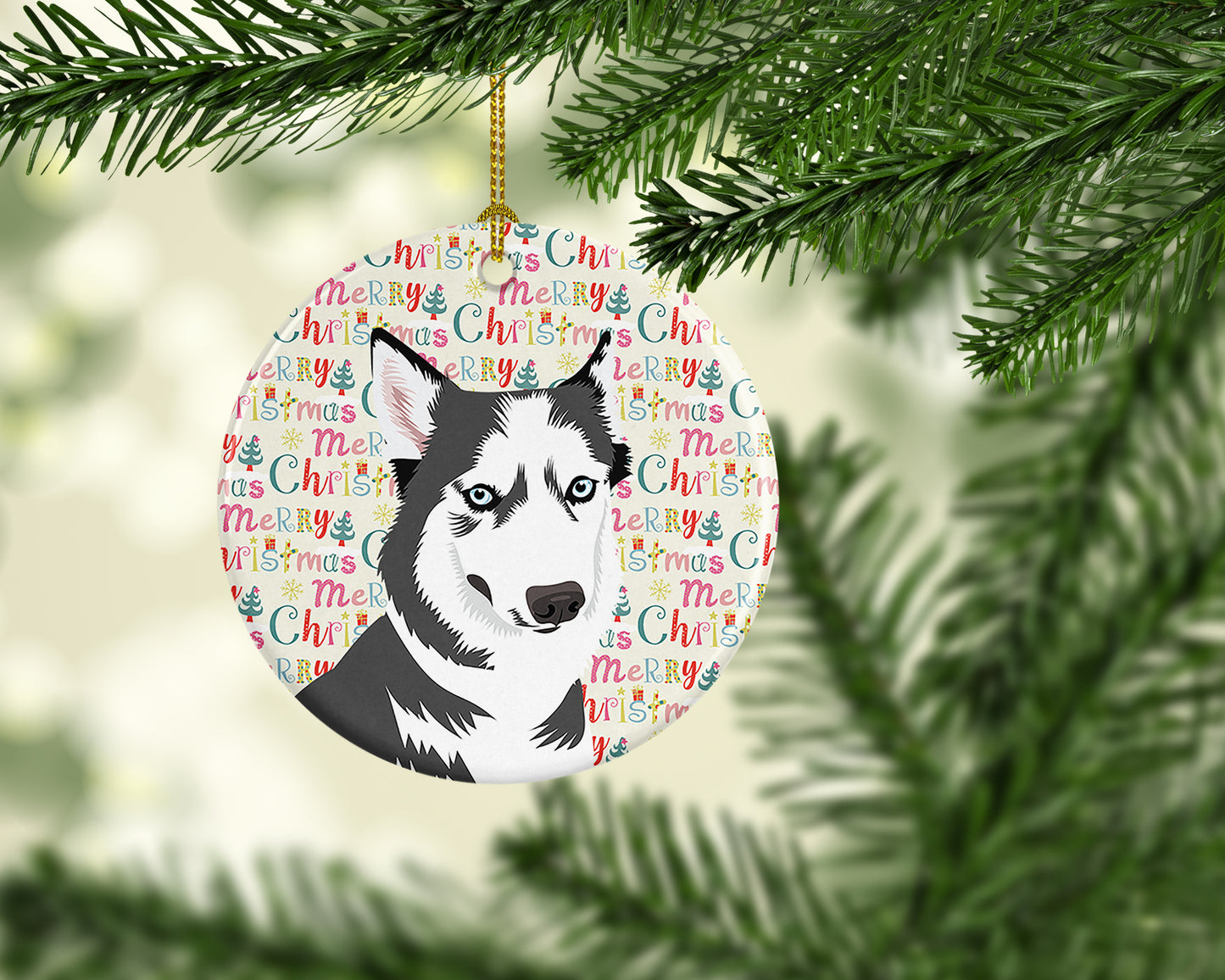 Siberian Husky Silver and White #2 Christmas Ceramic Ornament