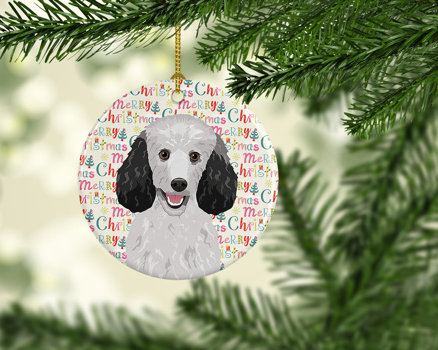 Poodle Standard Silver Christmas Ceramic Ornament