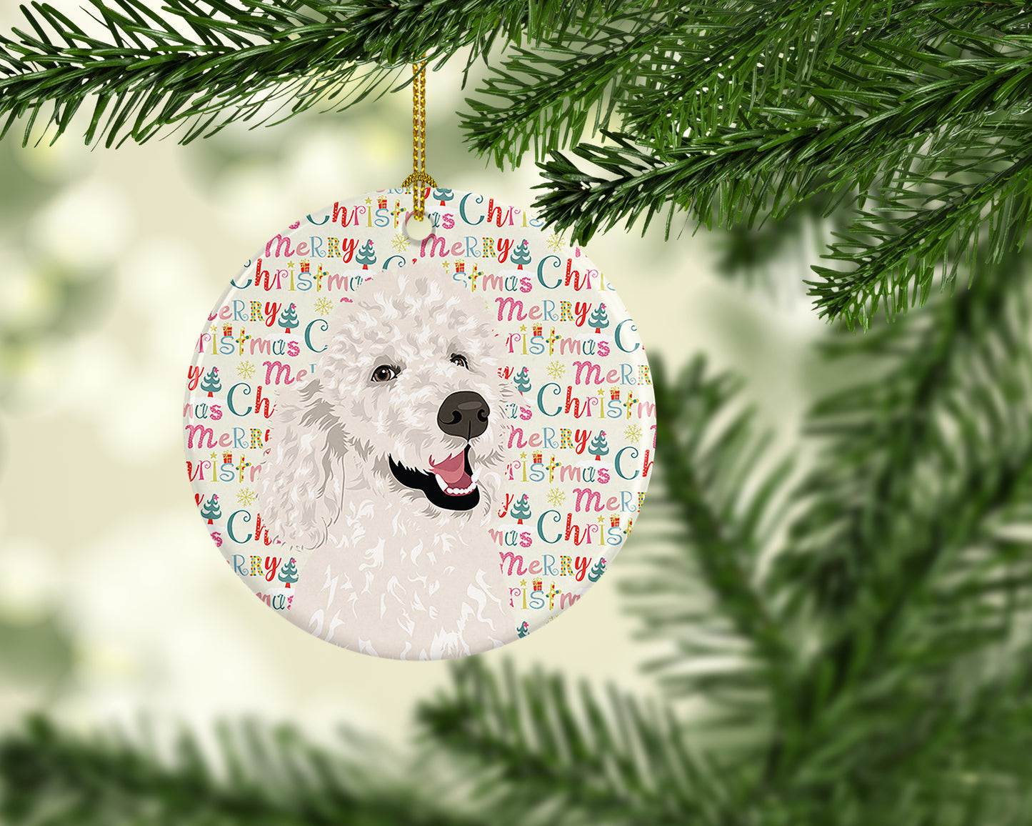 Poodle Standard White Christmas Ceramic Ornament