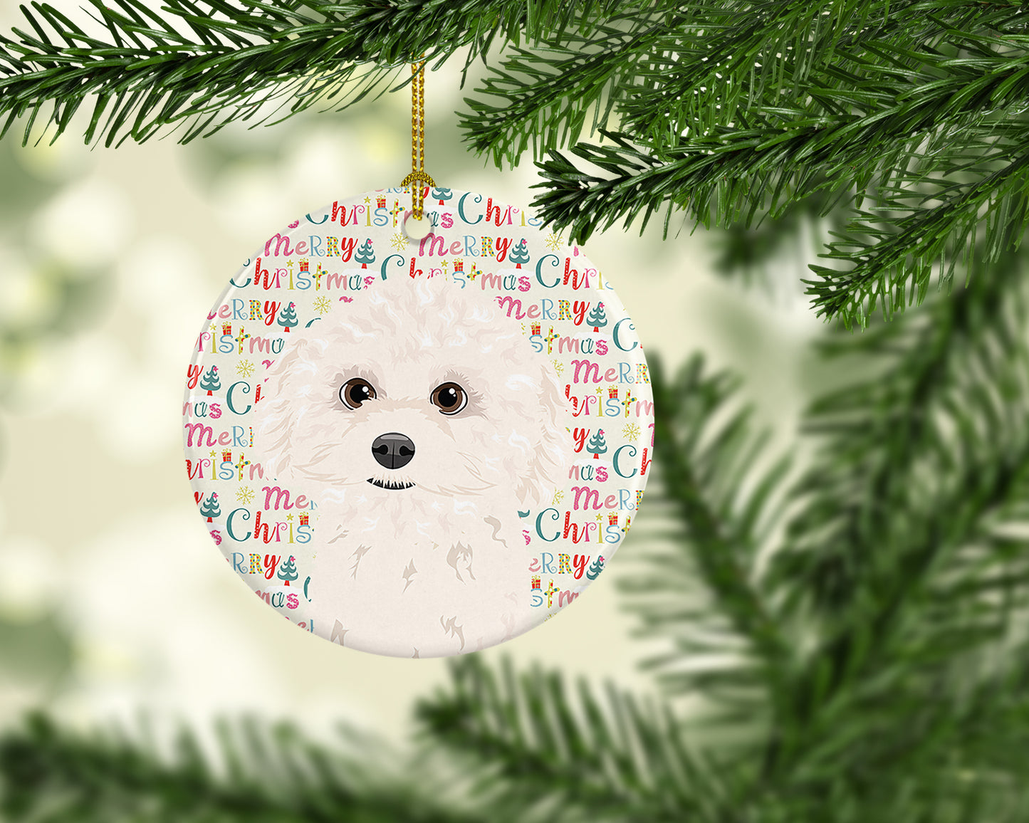 Poodle Toy White Christmas Ceramic Ornament