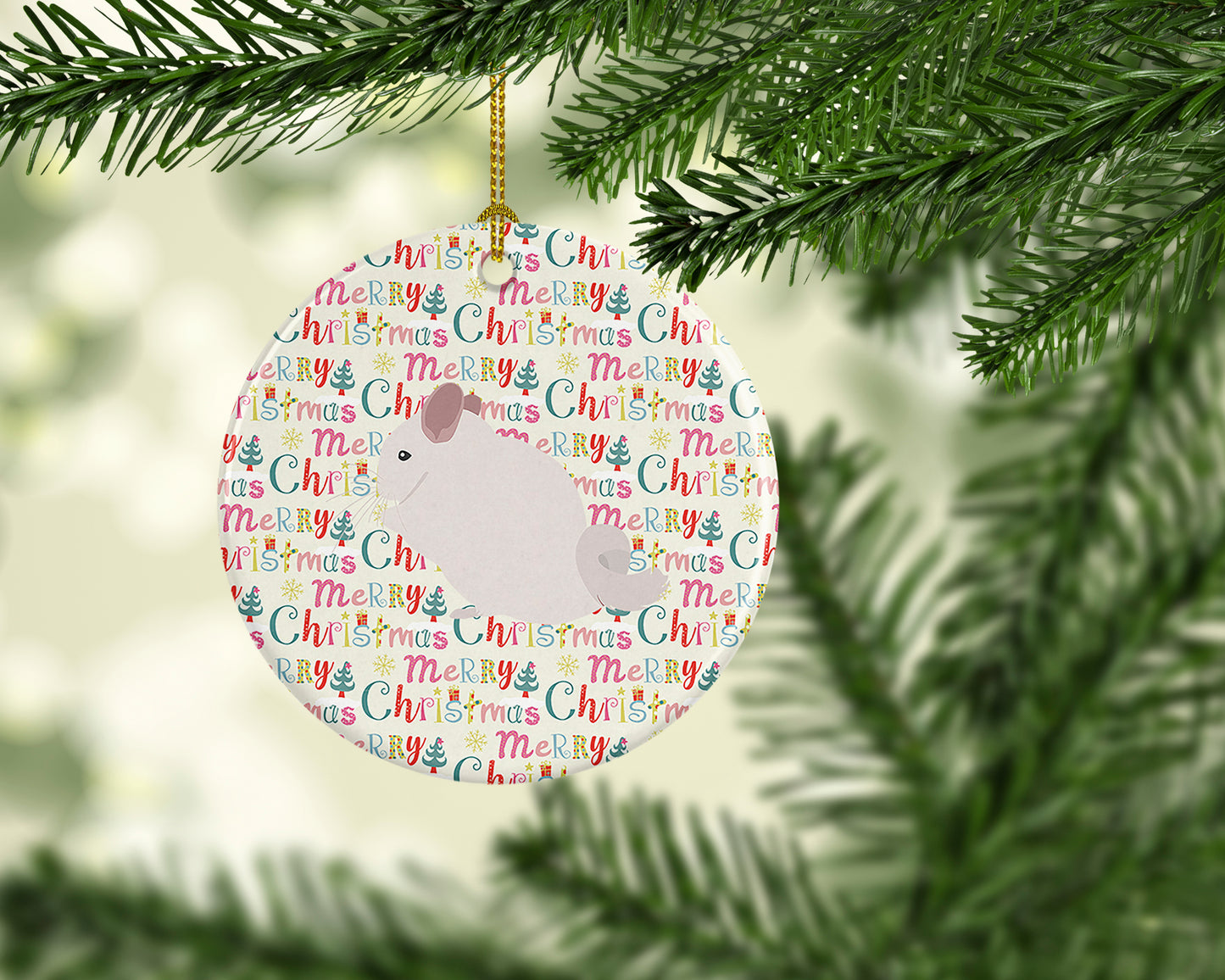Pink and White Chinchilla Christmas Ceramic Ornament