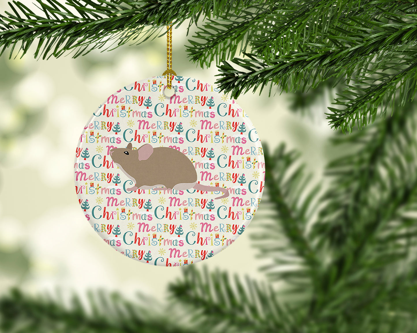 Grey Domestic Mouse Christmas Ceramic Ornament