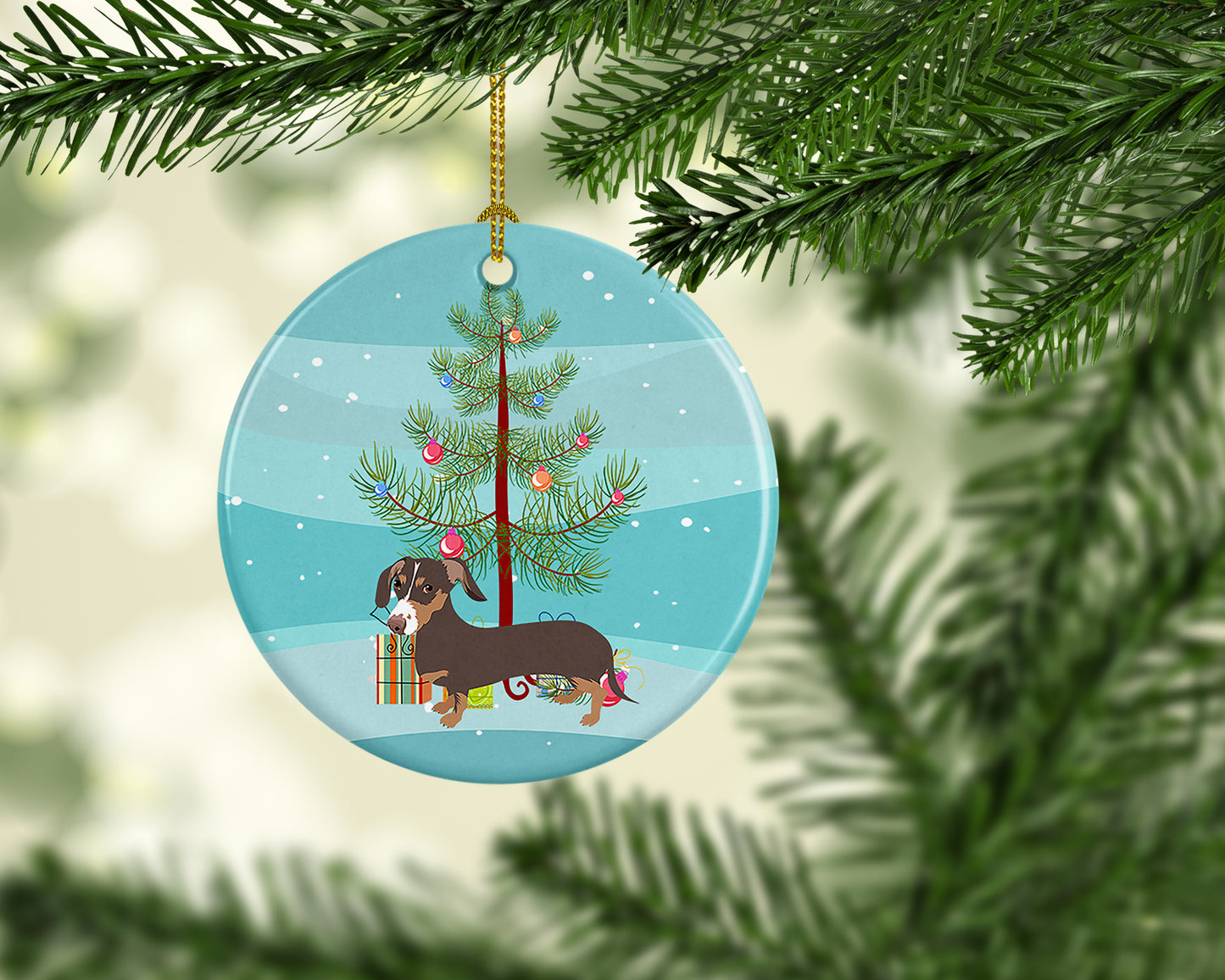 Dachshund Chocolate and Tan Christmas Ceramic Ornament