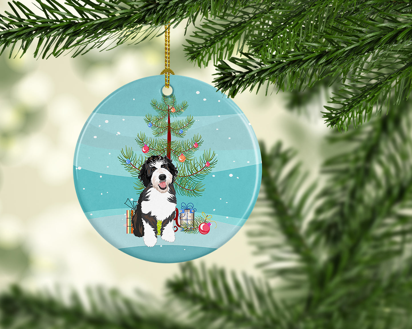 Doodle Silver and White #1 Christmas Ceramic Ornament
