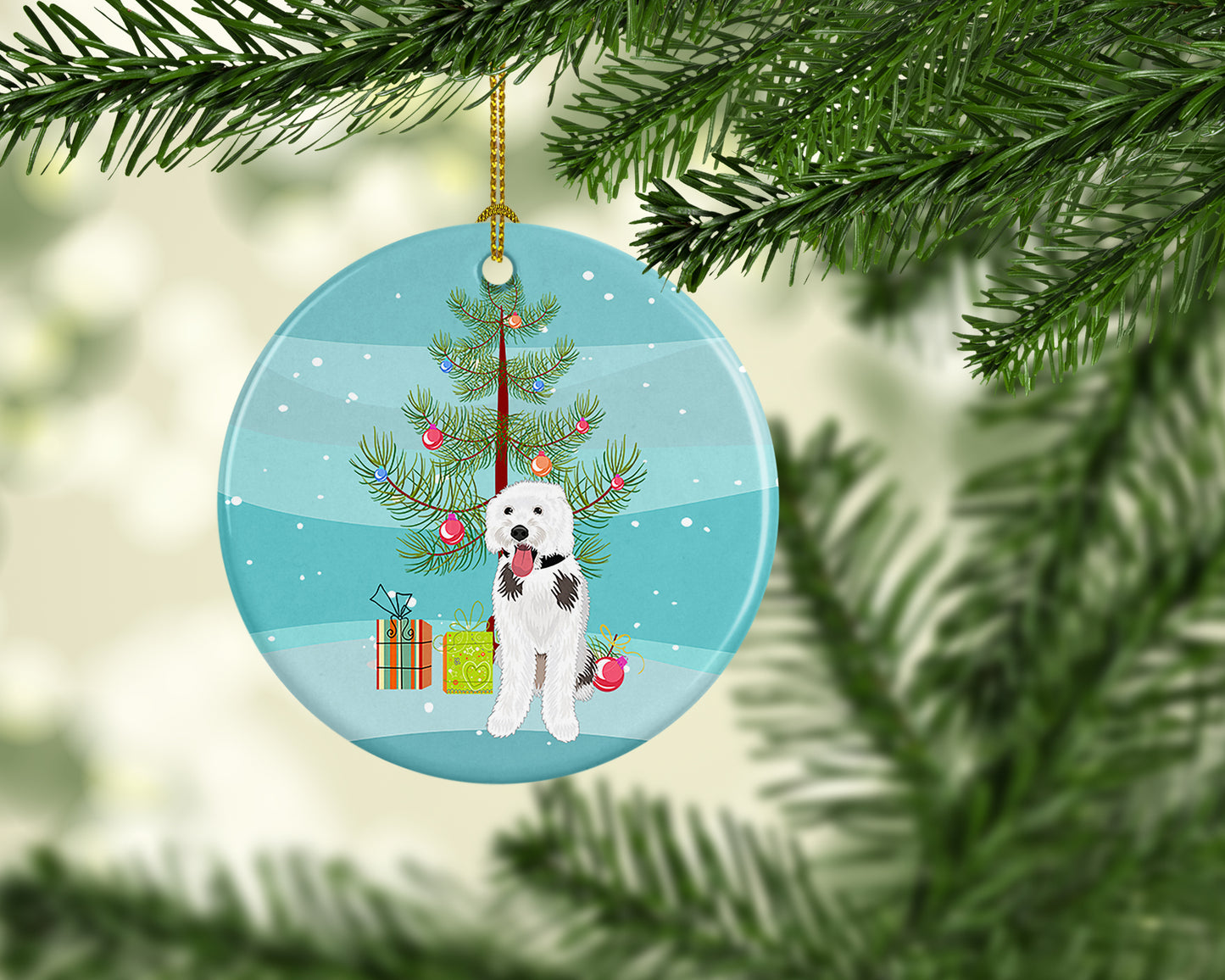 Doodle Silver and White #2 Christmas Ceramic Ornament