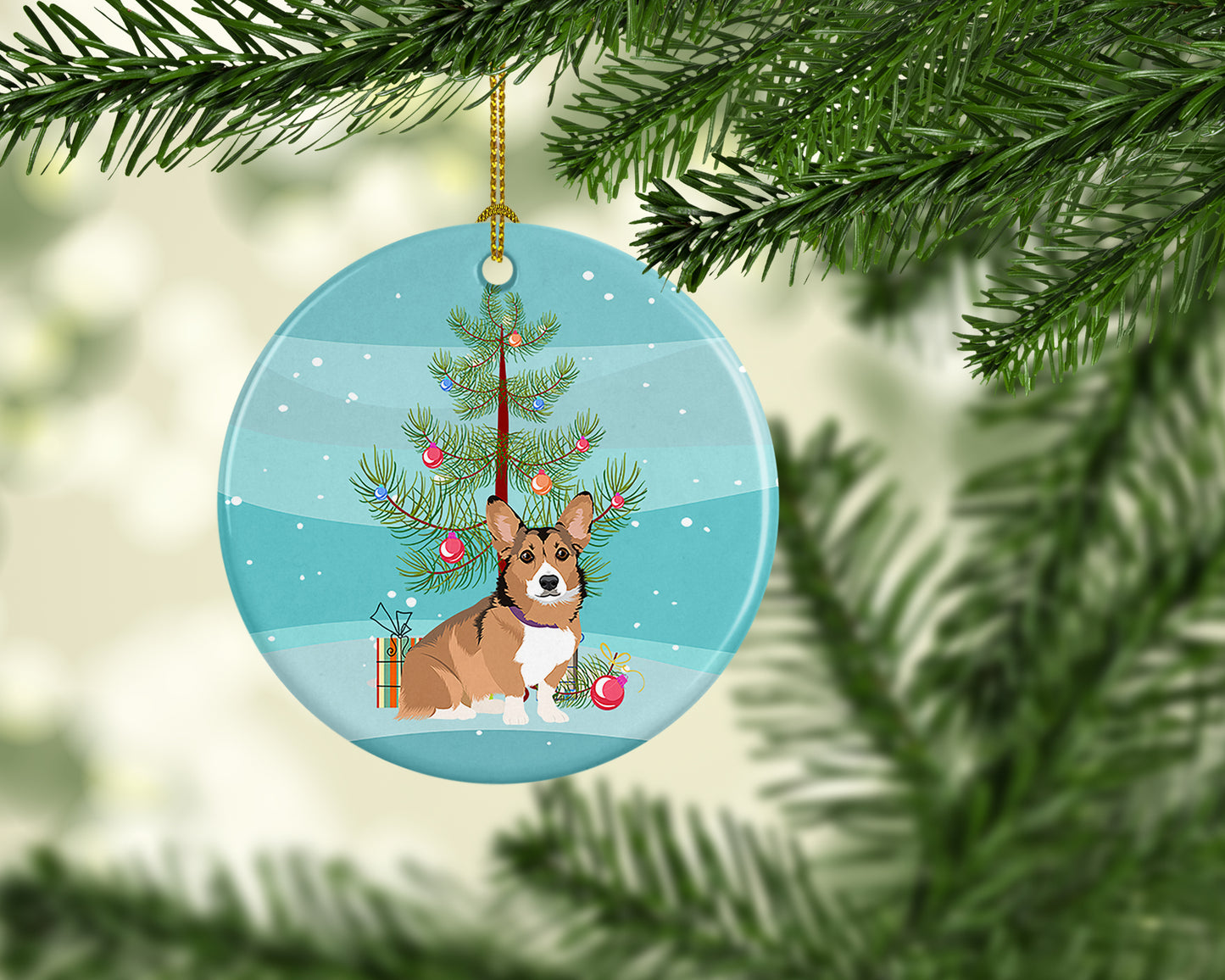 Pembroke Welsh Corgi Sable and White Christmas Ceramic Ornament