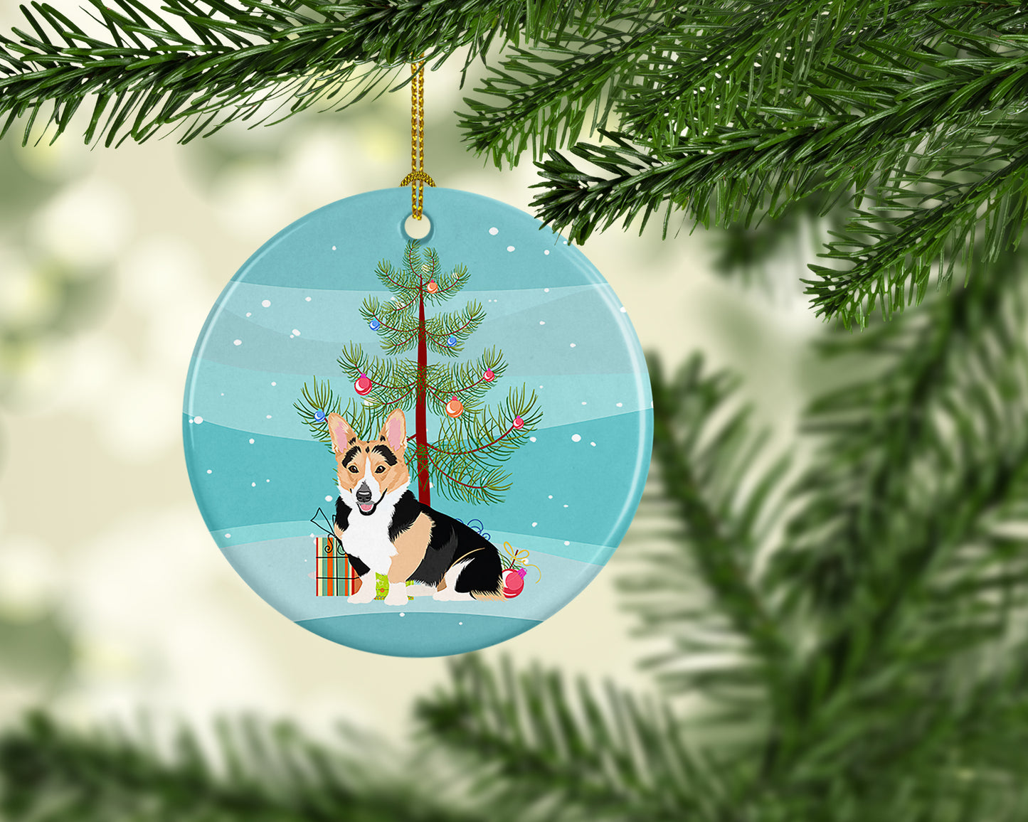 Pembroke Welsh Corgi Tricolor Red-Headed Christmas Ceramic Ornament
