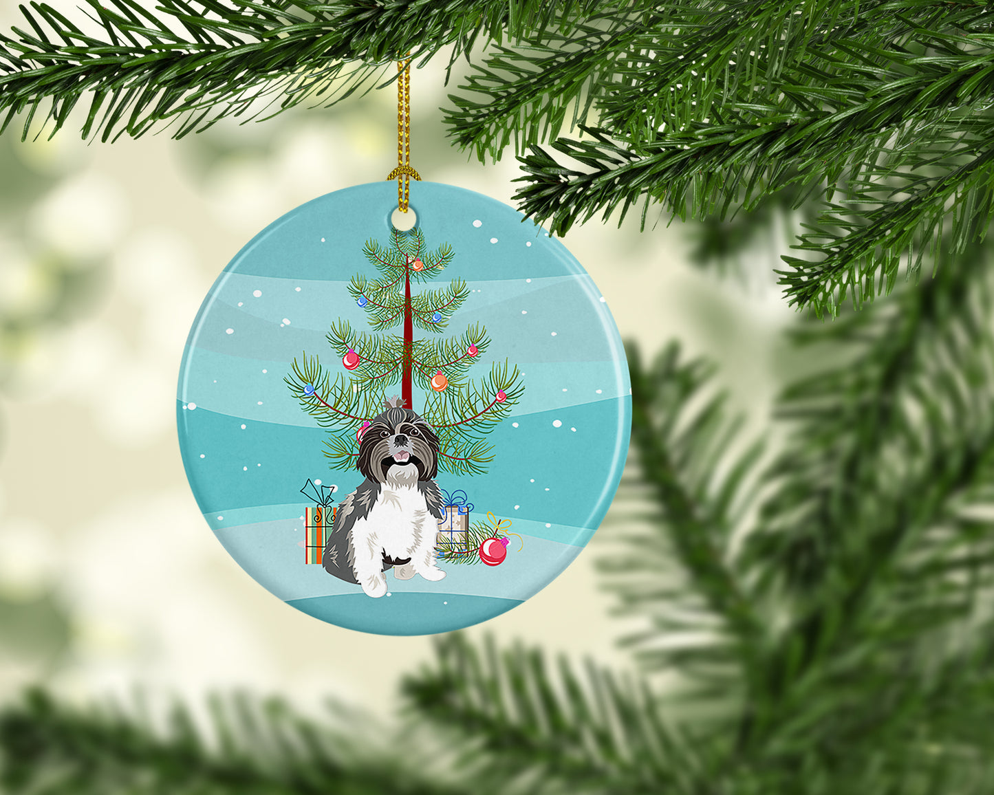 Shih-Tzu Silver and White #2 Christmas Ceramic Ornament