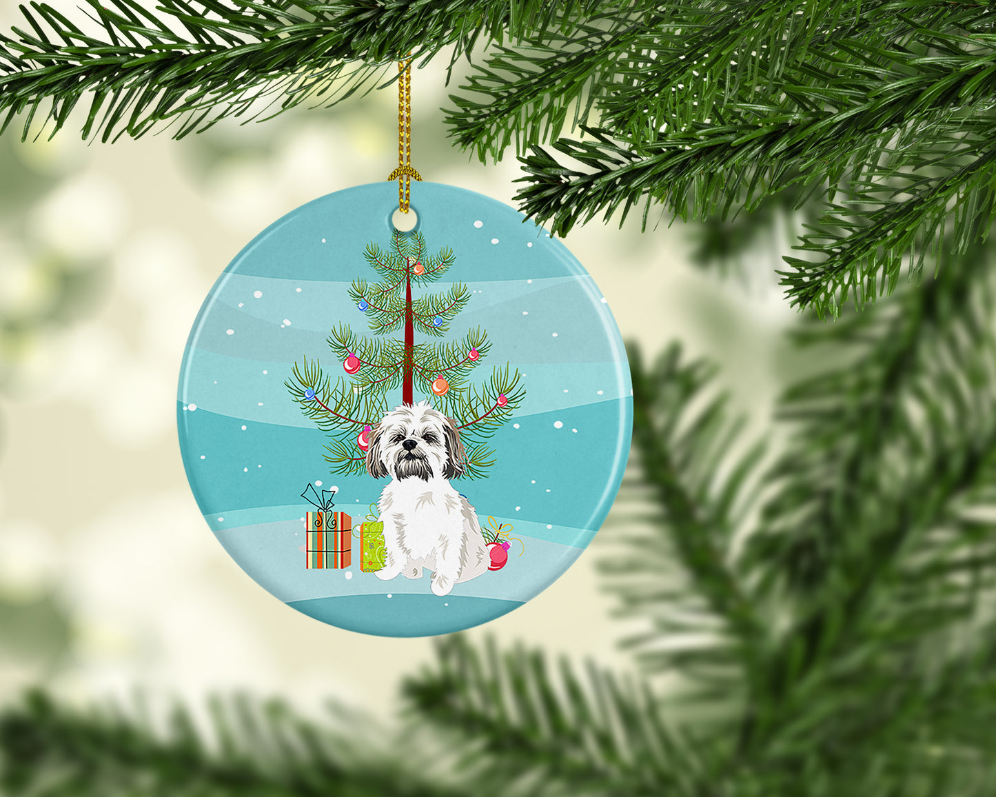 Shih-Tzu Silver Gold and White #1 Christmas Ceramic Ornament