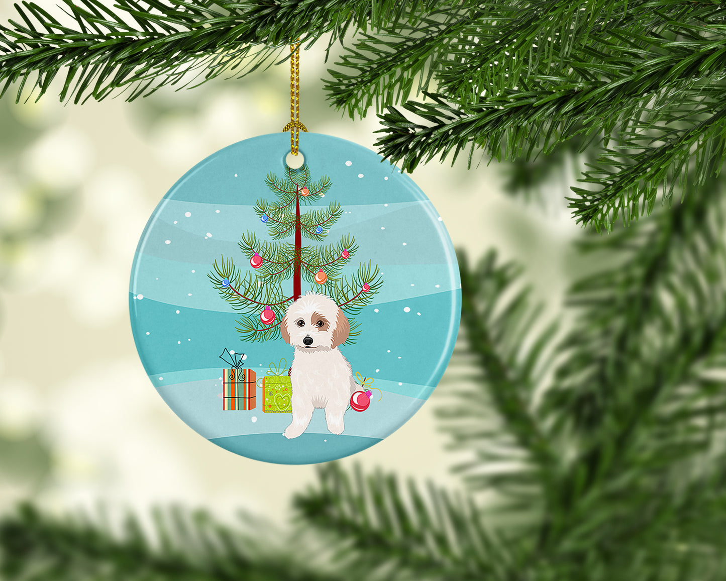 Shih-Tzu White and Red Christmas  Ceramic Ornament