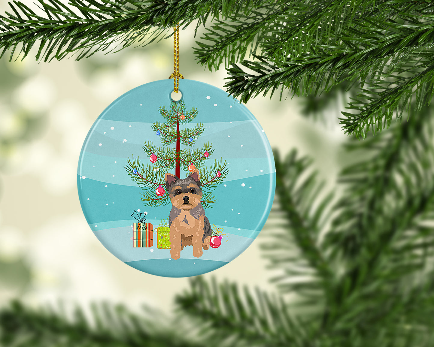 Yorkie Chocolate Puppy Christmas Ceramic Ornament