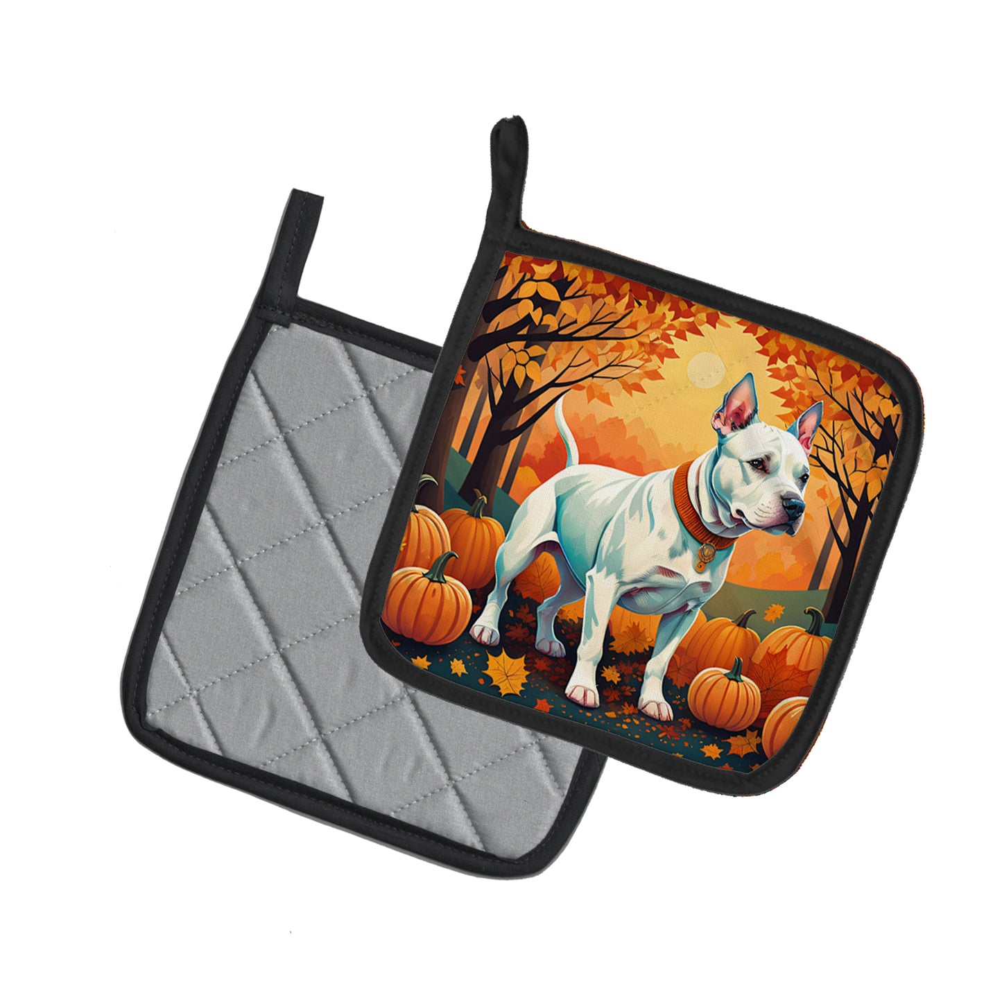White Pit Bull Terrier Fall Pair of Pot Holders