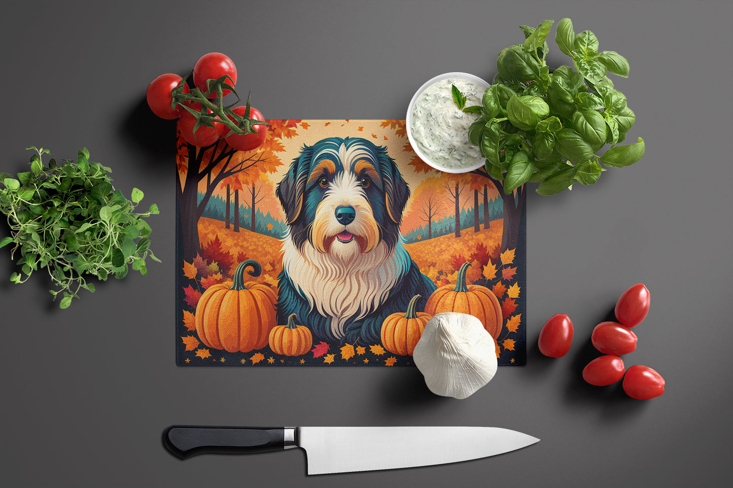 Bearded Collie Fall Glass Cutting Board