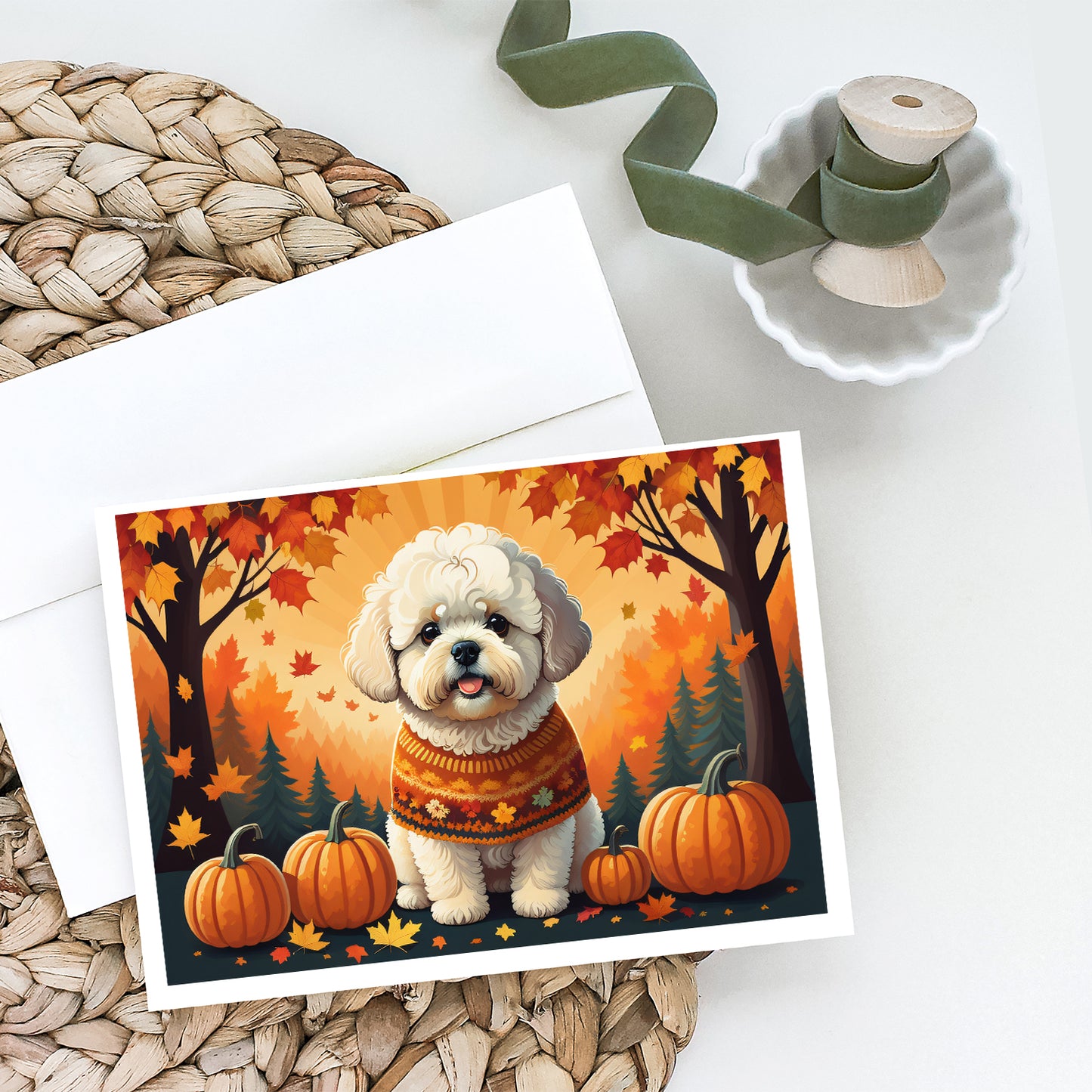 Bichon Frise Fall Greeting Cards and Envelopes Pack of 8