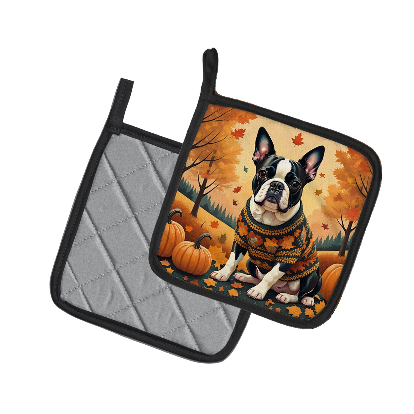 Boston Terrier Fall Pair of Pot Holders