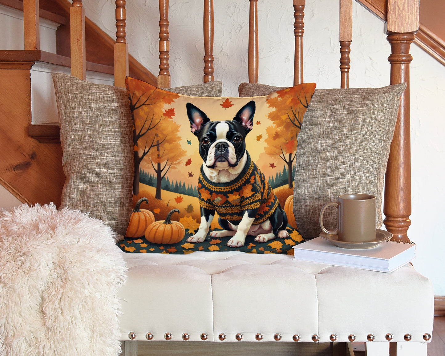 Boston Terrier Fall Throw Pillow