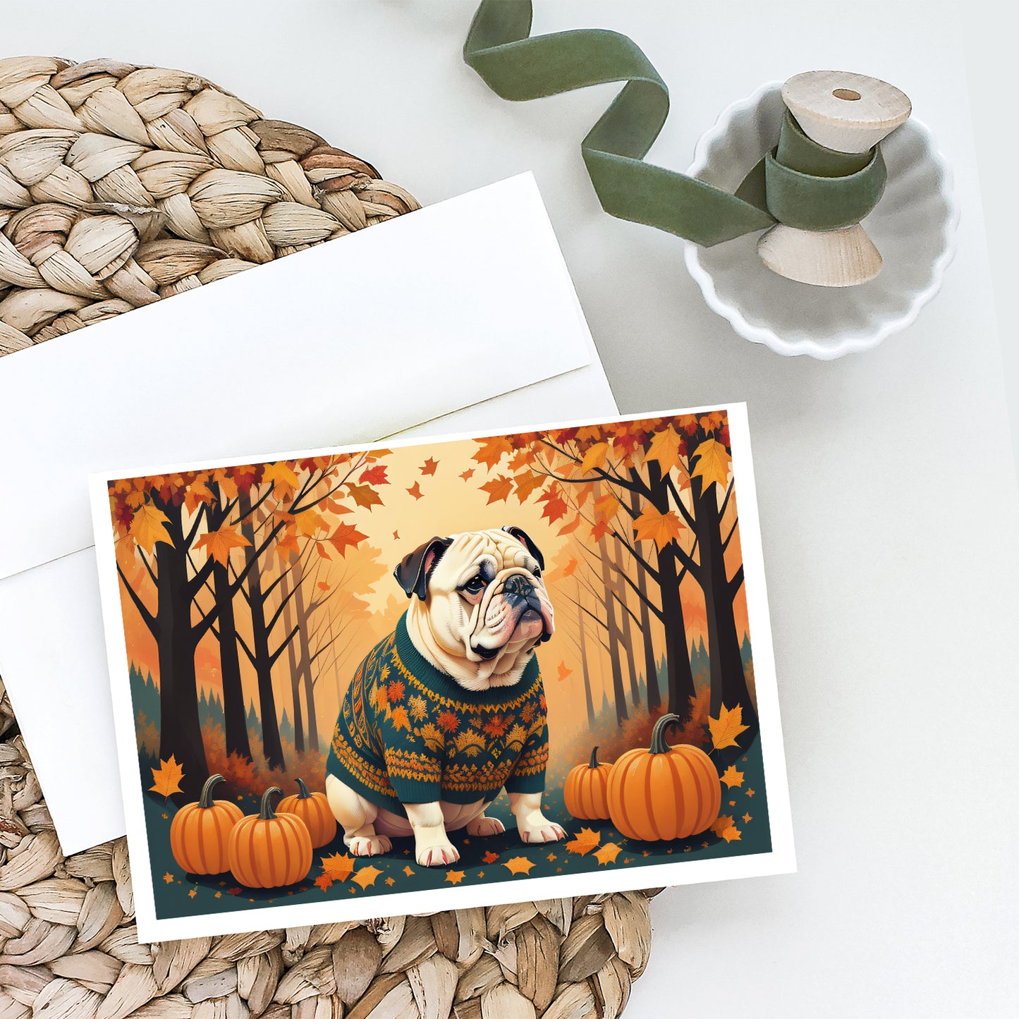 White English Bulldog Fall Greeting Cards and Envelopes Pack of 8