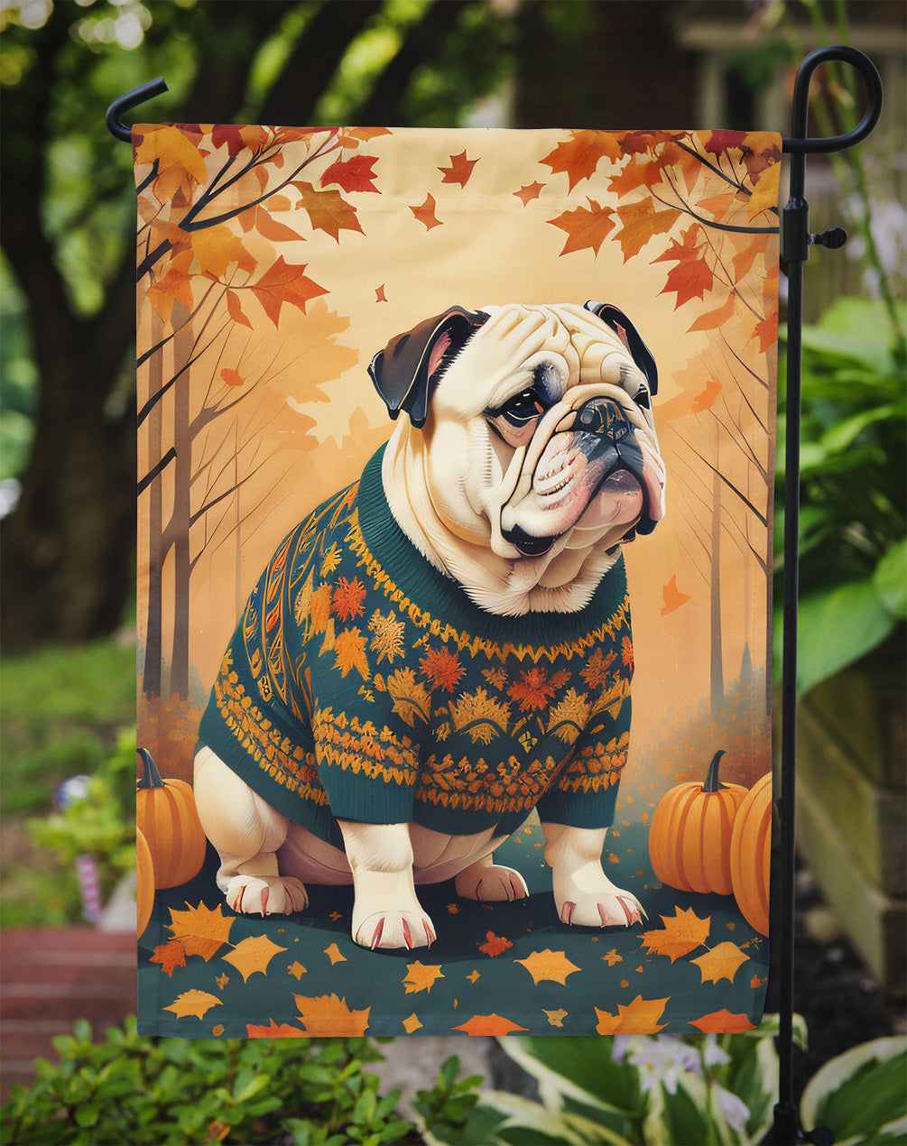 White English Bulldog Fall Garden Flag