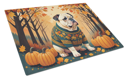 Buy this White English Bulldog Fall Glass Cutting Board