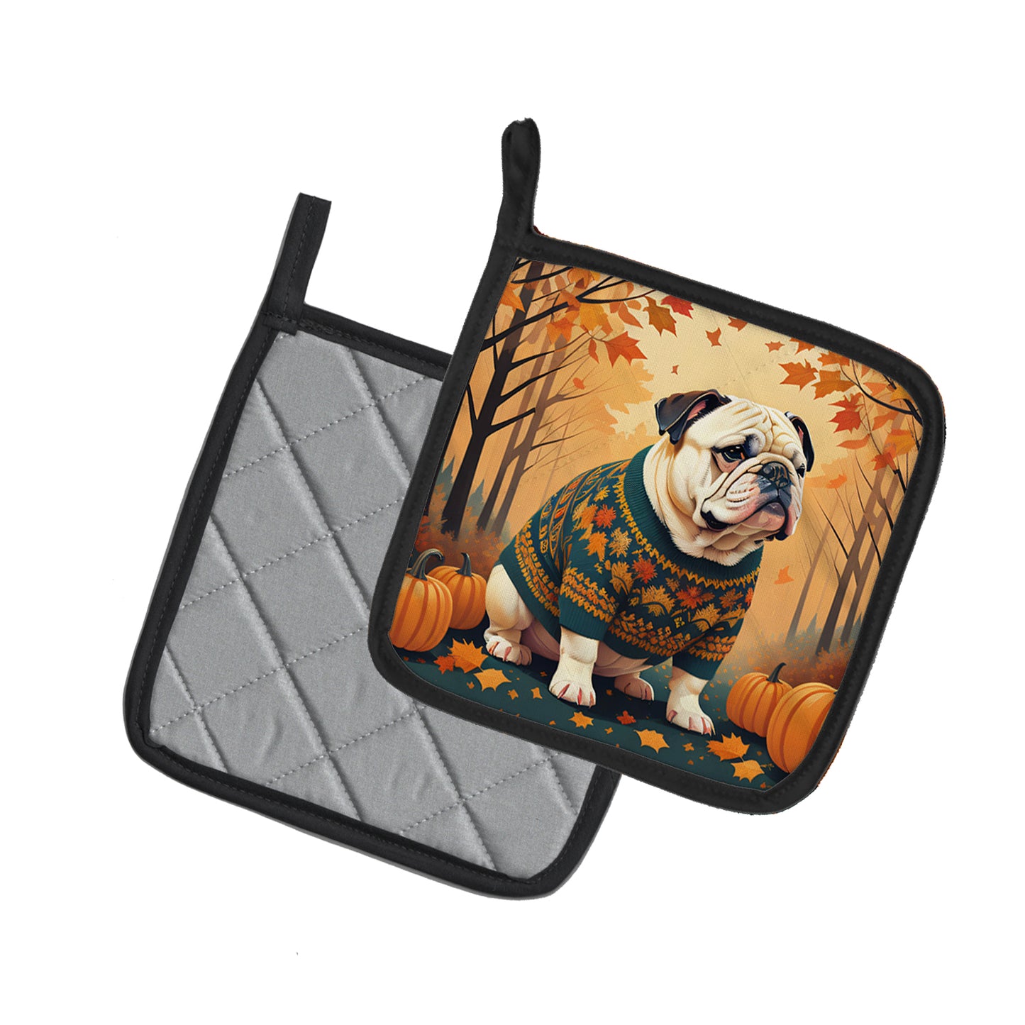 White English Bulldog Fall Pair of Pot Holders