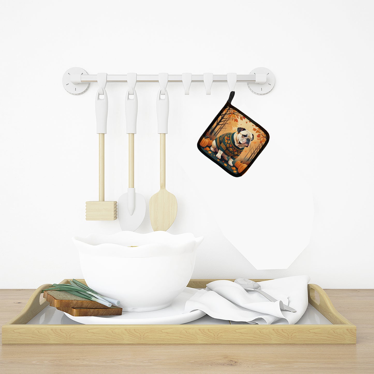 White English Bulldog Fall Pair of Pot Holders