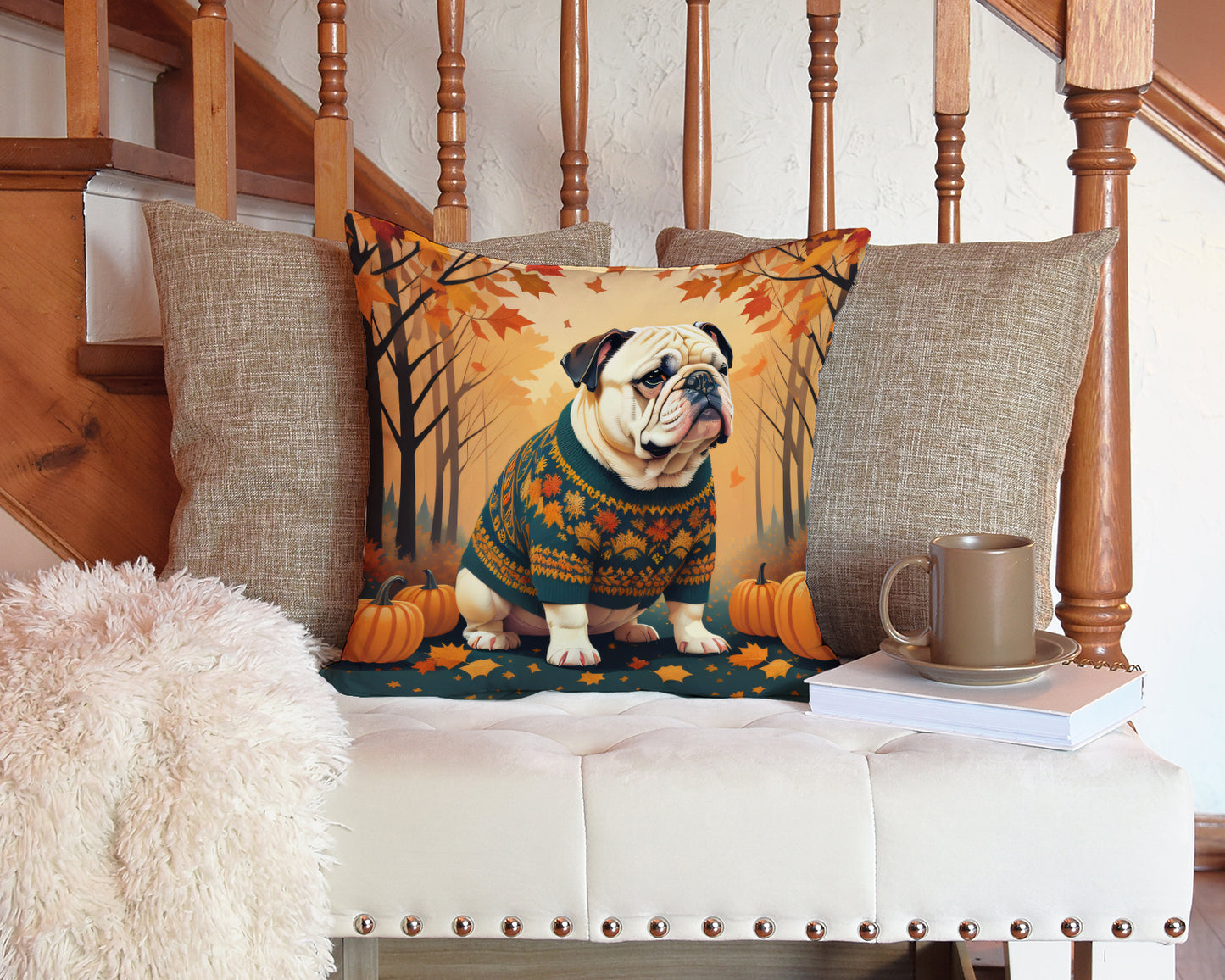 White English Bulldog Fall Throw Pillow