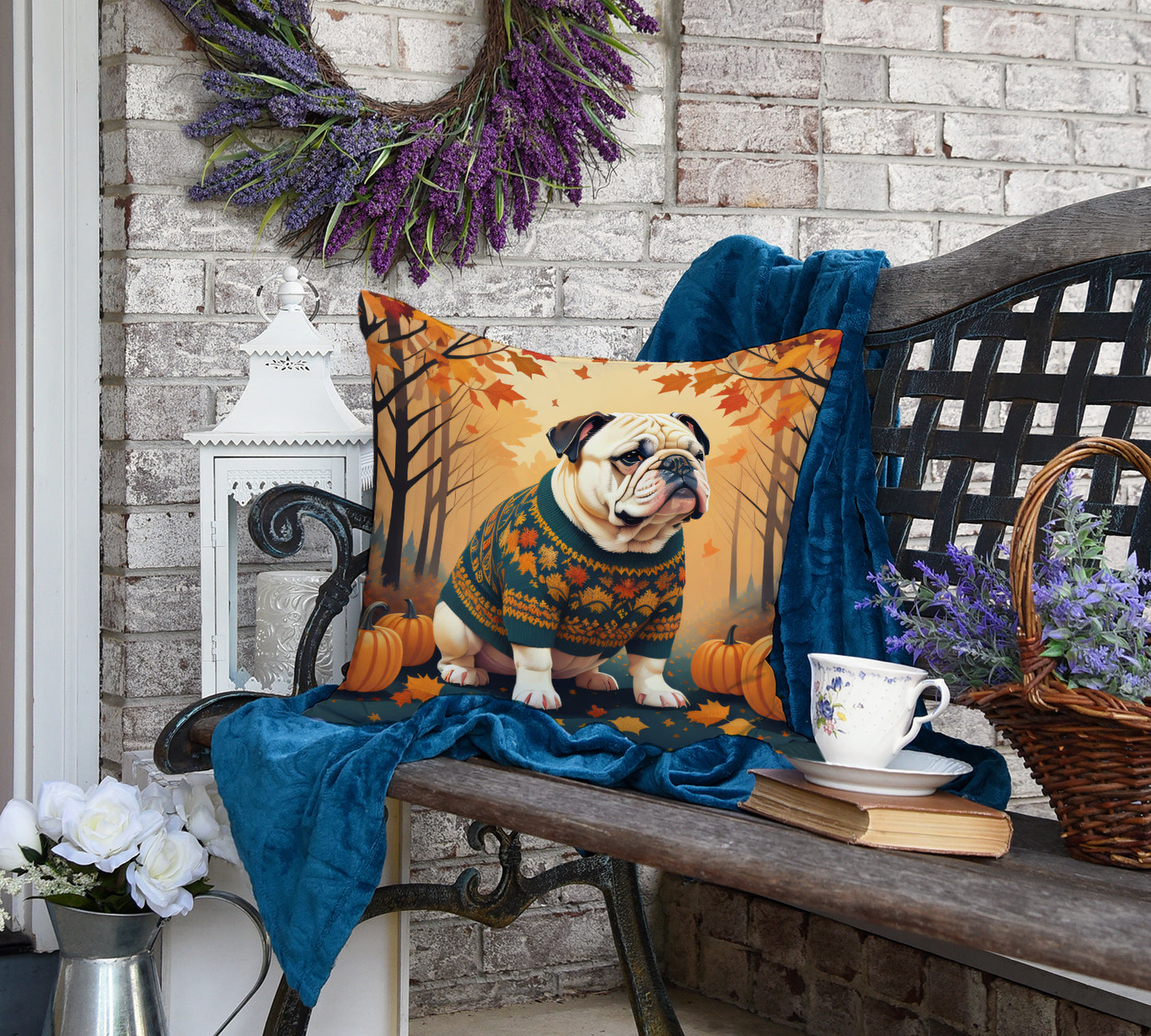 White English Bulldog Fall Throw Pillow