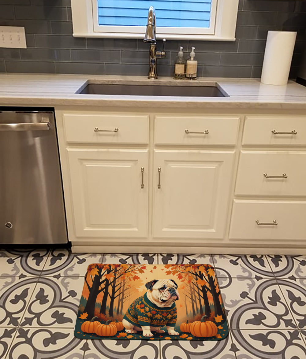 White English Bulldog Fall Memory Foam Kitchen Mat
