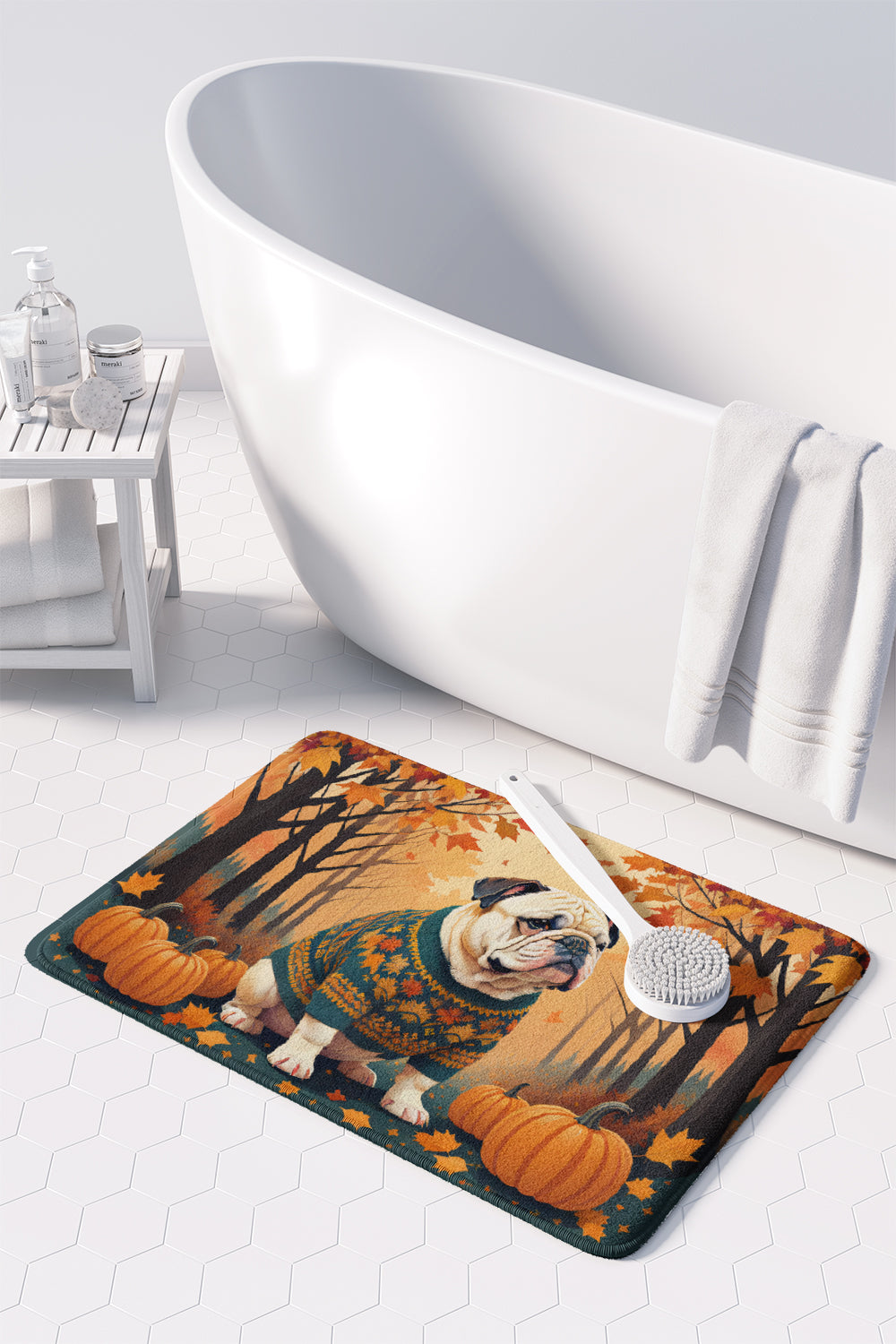 White English Bulldog Fall Memory Foam Kitchen Mat