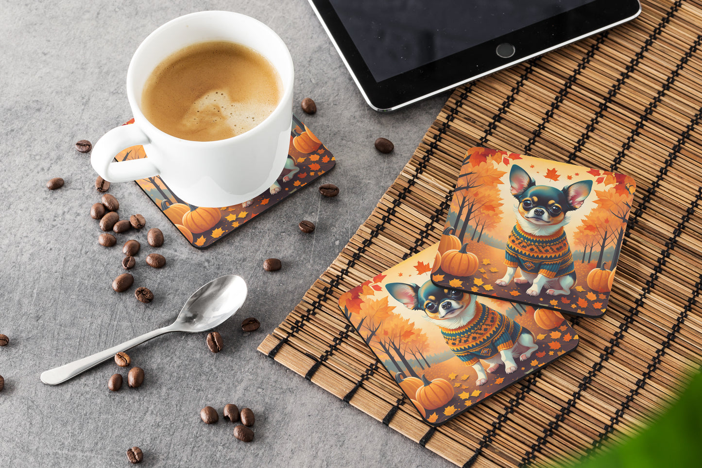 Tricolor Chihuahua Fall Foam Coasters