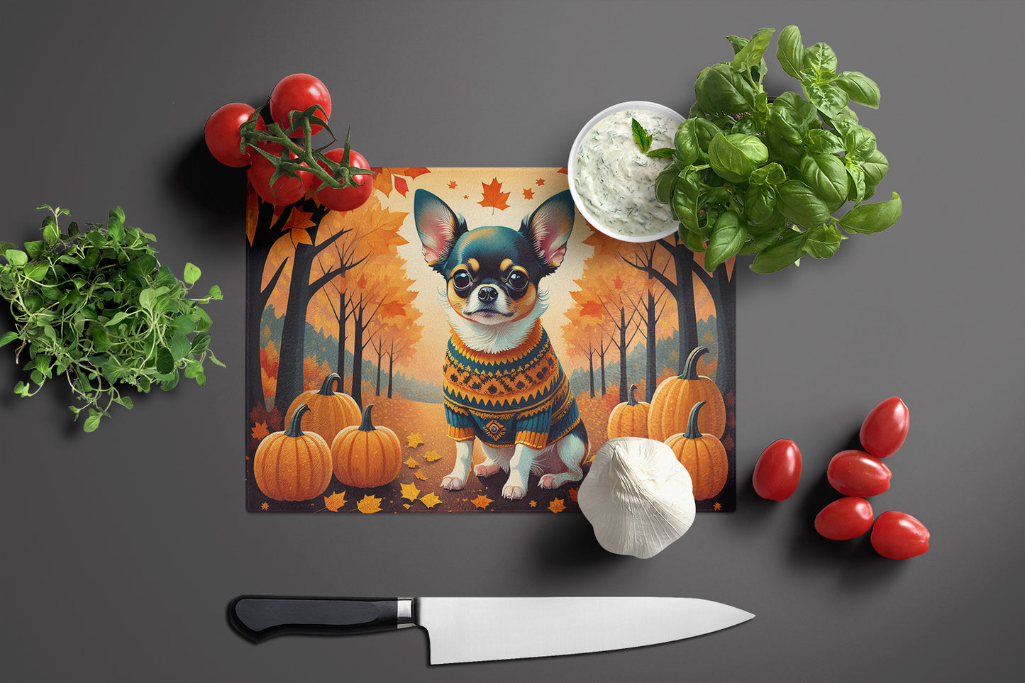 Tricolor Chihuahua Fall Glass Cutting Board