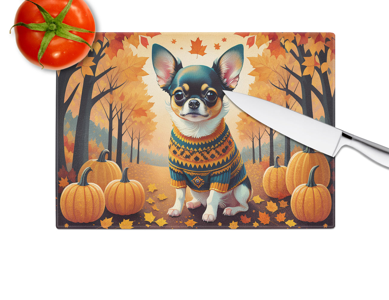 Tricolor Chihuahua Fall Glass Cutting Board