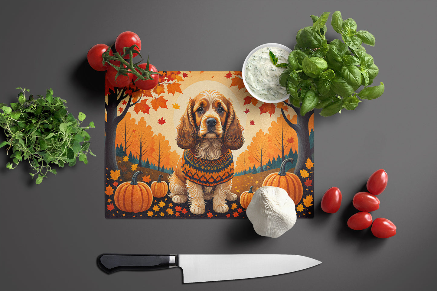 Cocker Spaniel Fall Glass Cutting Board