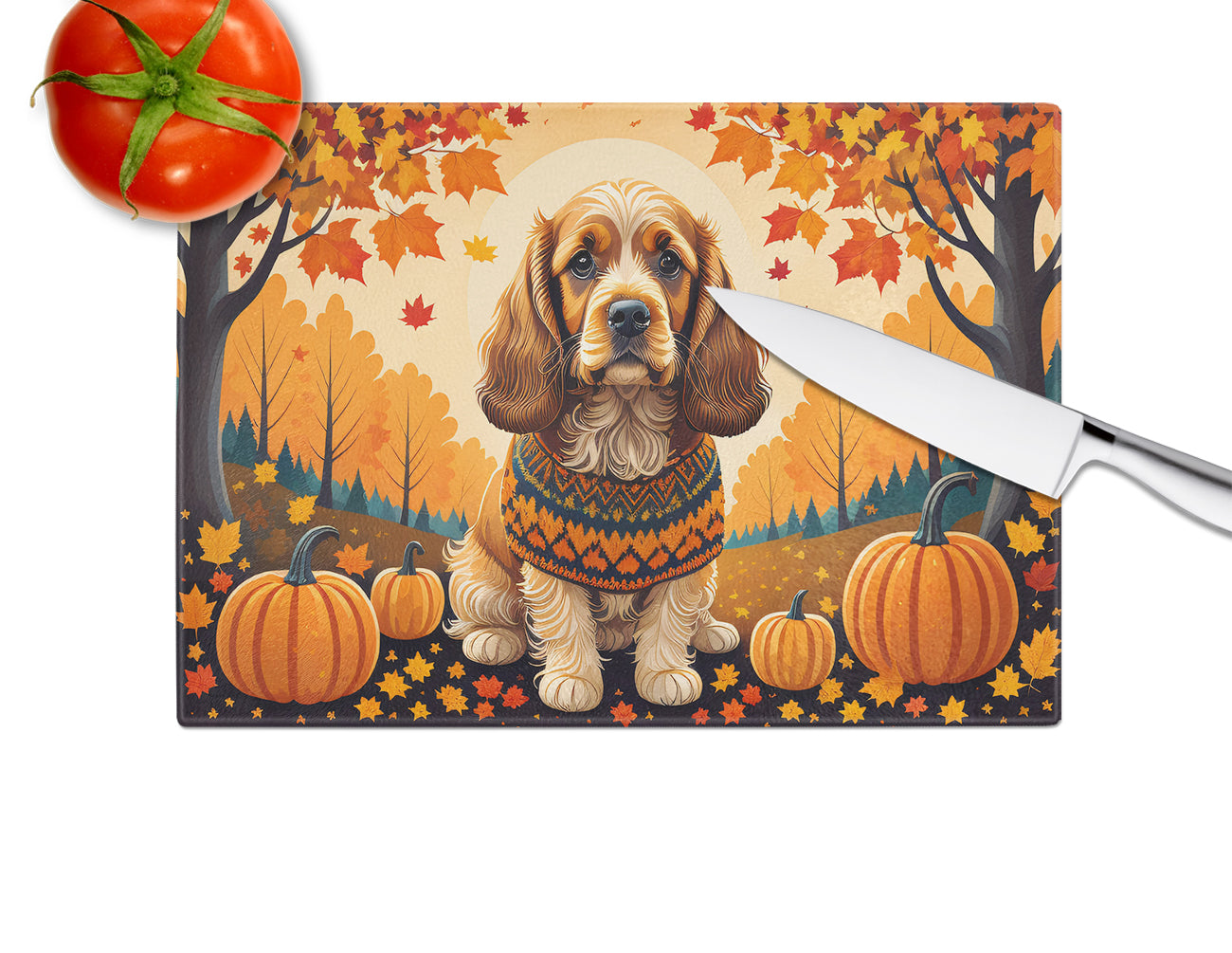 Cocker Spaniel Fall Glass Cutting Board