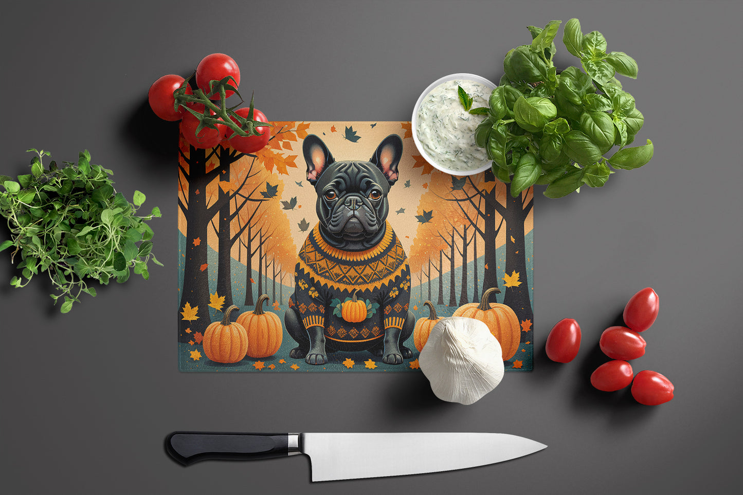 Black French Bulldog Fall Glass Cutting Board