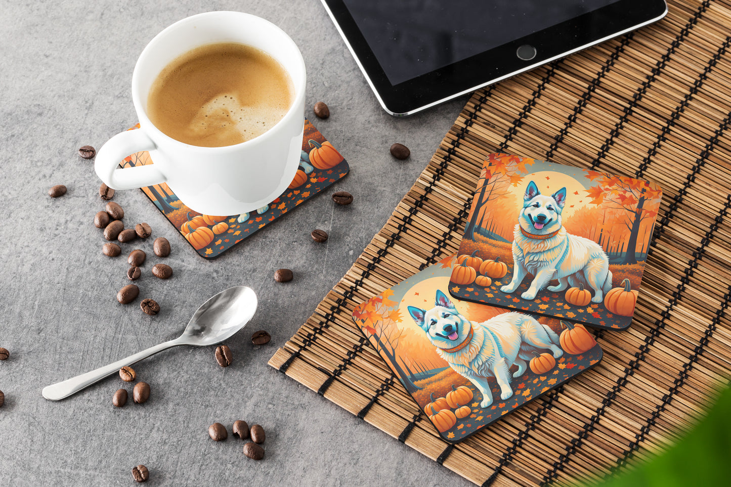 White German Shepherd Fall Foam Coasters