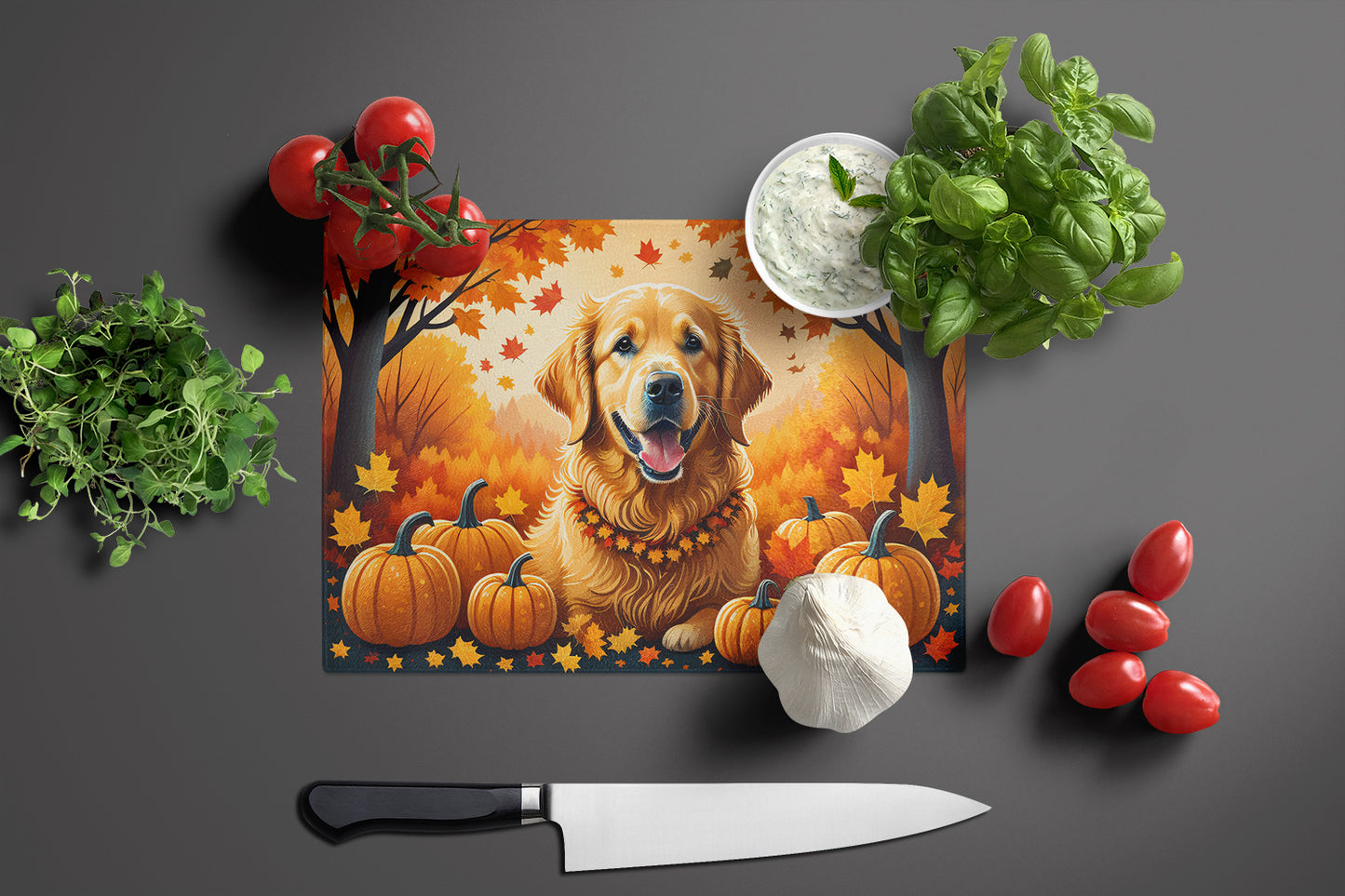 Golden Retriever Fall Glass Cutting Board