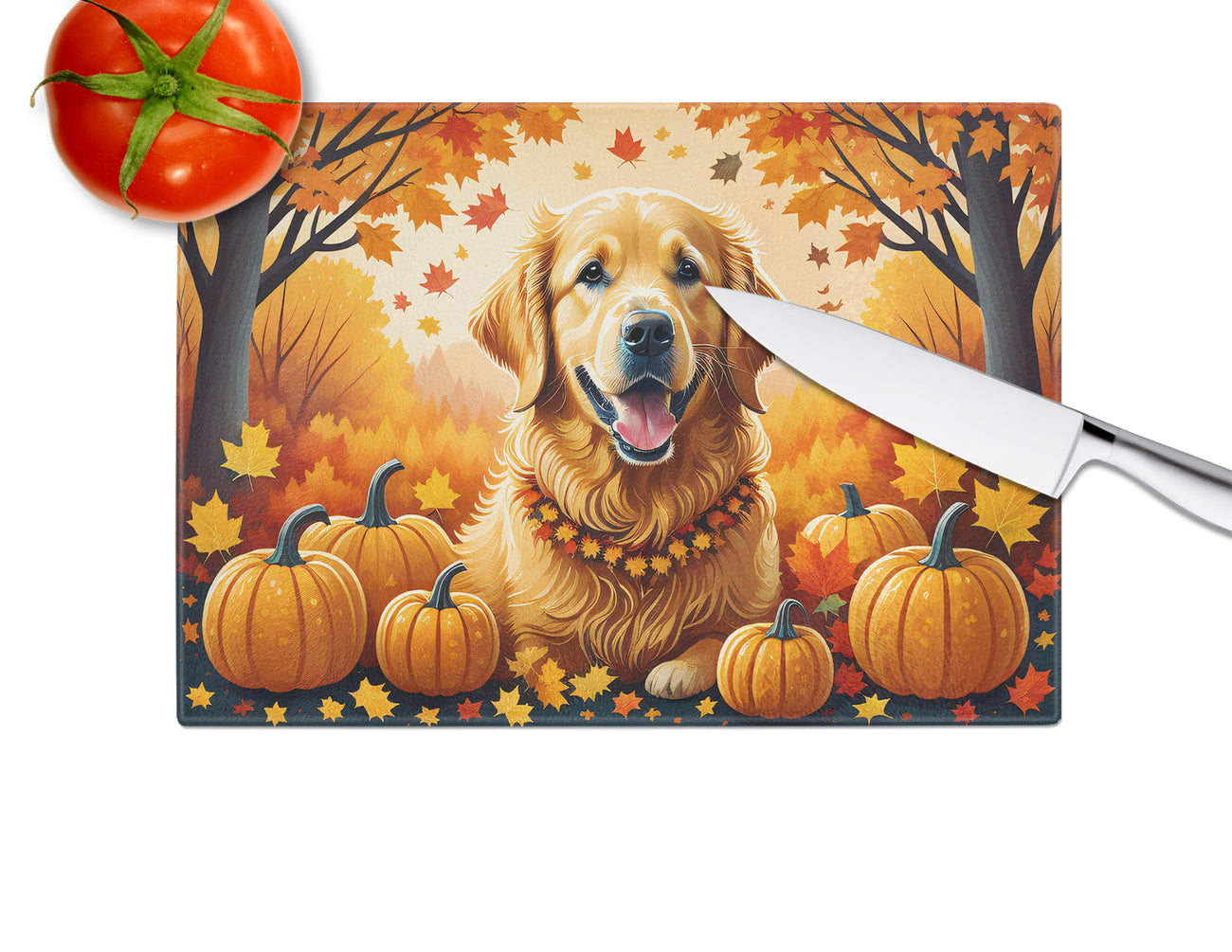 Golden Retriever Fall Glass Cutting Board