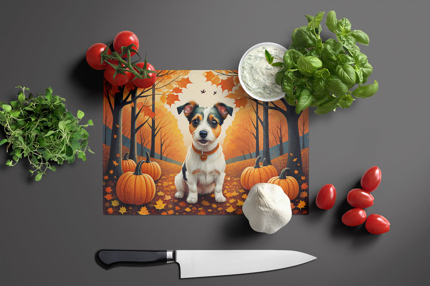 Jack Russell Terrier Fall Glass Cutting Board