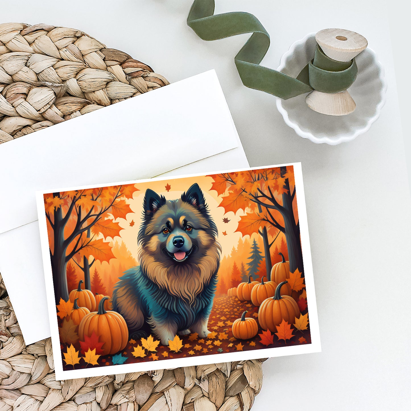 Keeshond Fall Greeting Cards and Envelopes Pack of 8