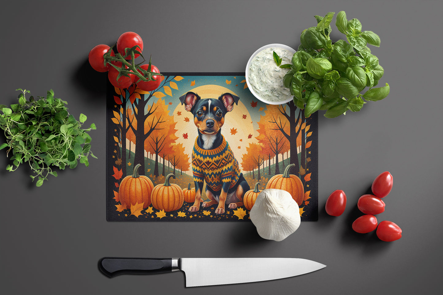 Miniature Pinscher Fall Glass Cutting Board