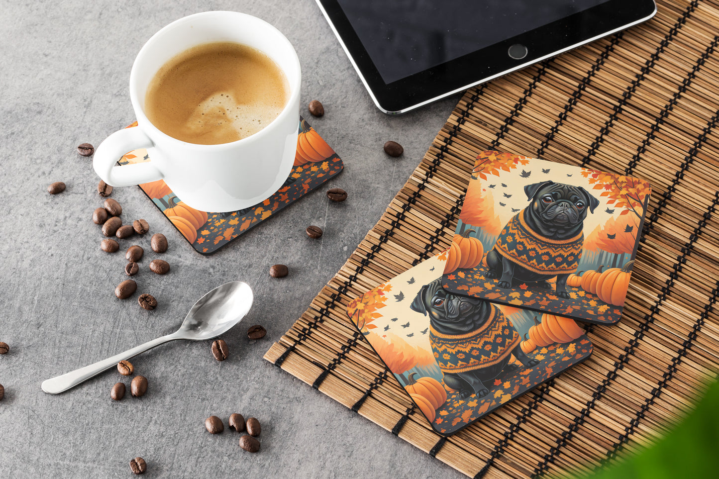 Black Pug Fall Foam Coasters