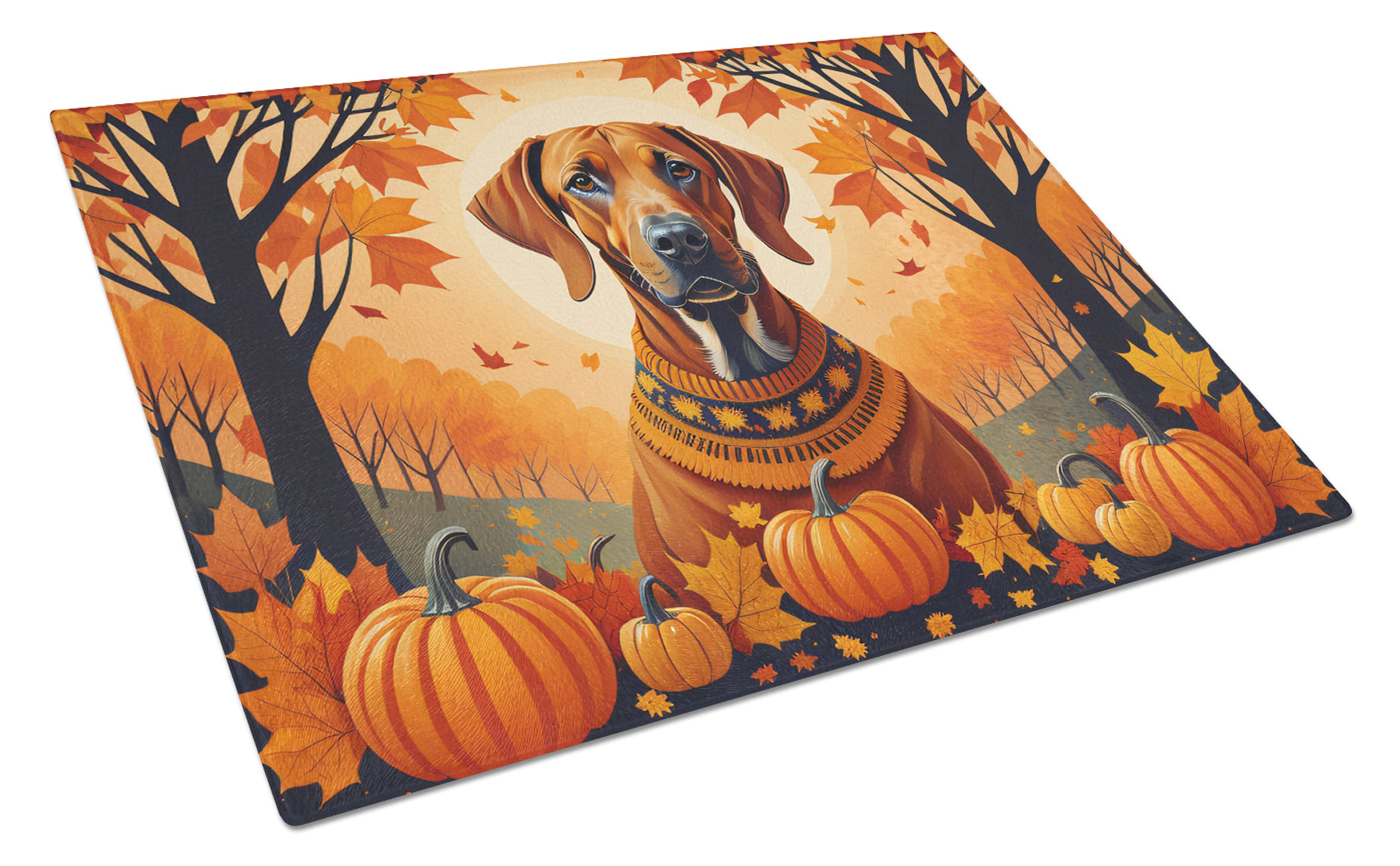 Buy this Rhodesian Ridgeback Fall Glass Cutting Board