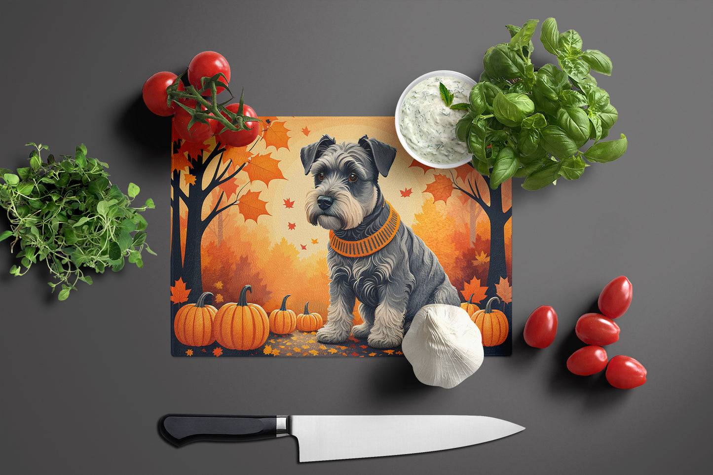 Schnauzer Fall Glass Cutting Board