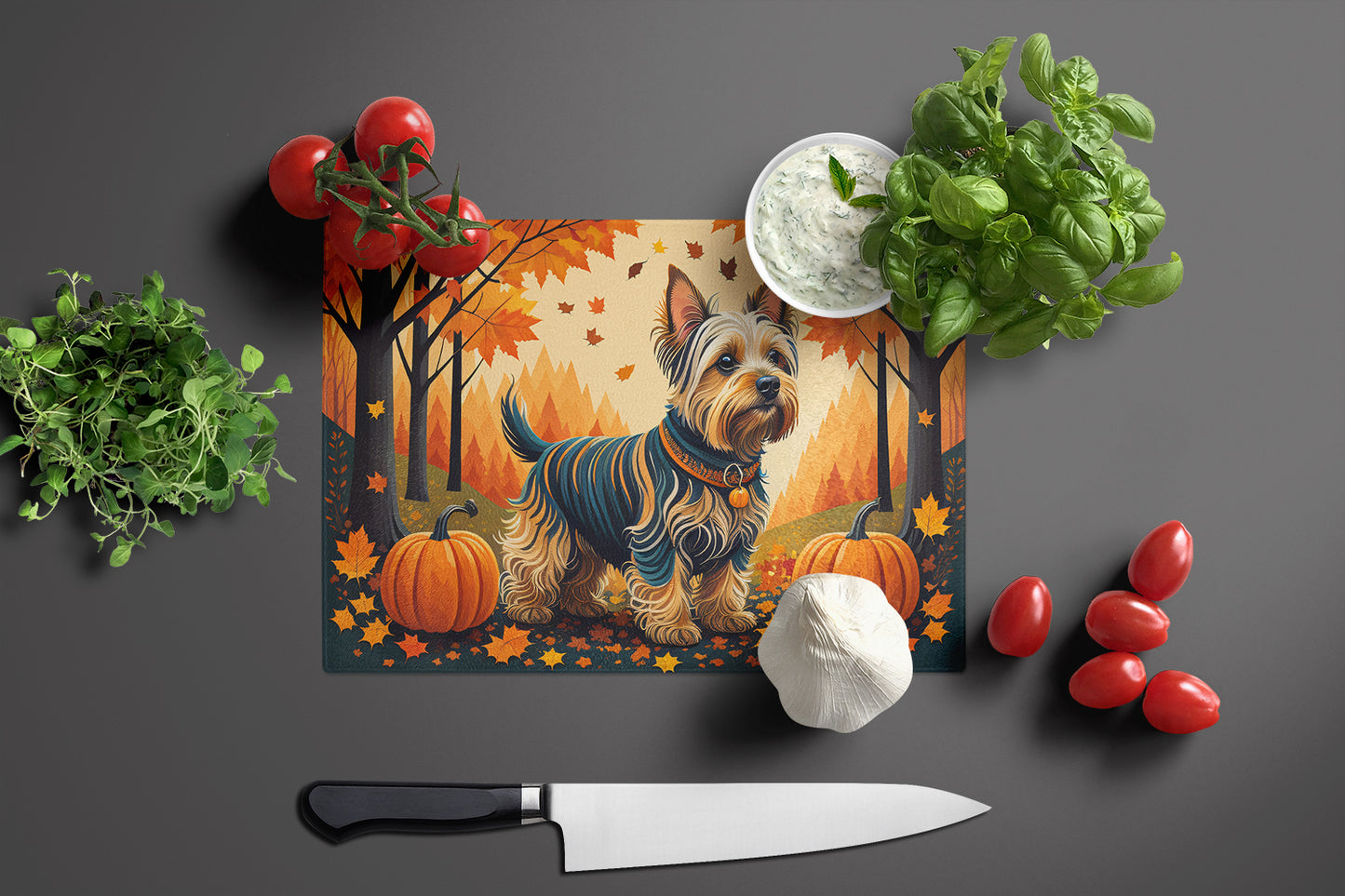 Silky Terrier Fall Glass Cutting Board