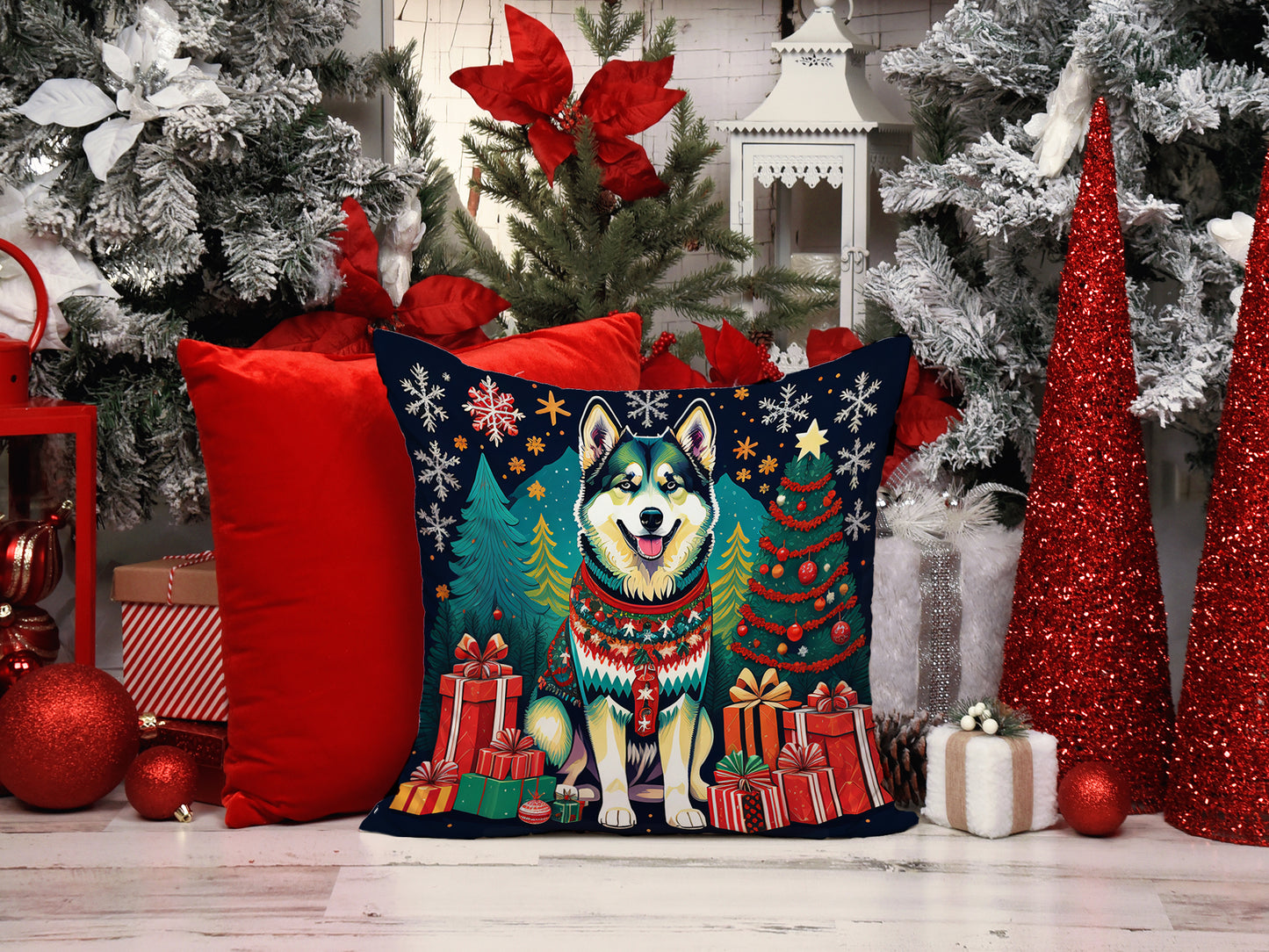 Alaskan Malamute Christmas Throw Pillow