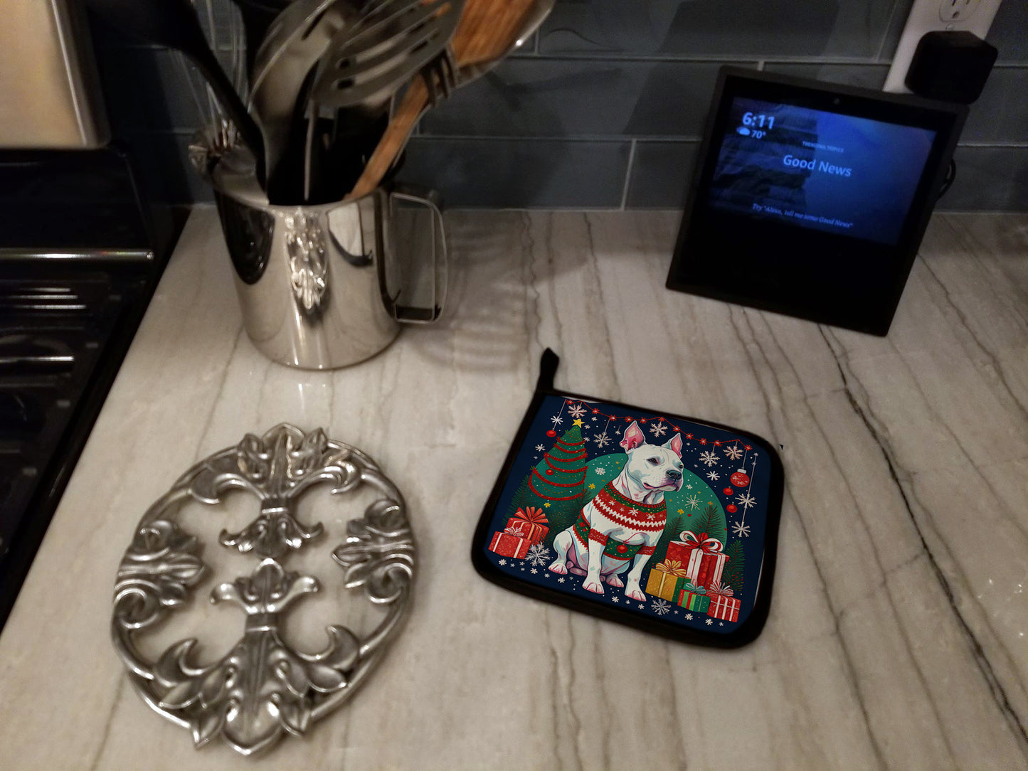 White Pit Bull Terrier Christmas Pair of Pot Holders